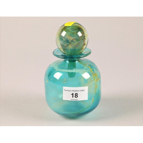 18 - Mdina glass blue and green bottle with stopper, etched Mdina to base, 16 cm high