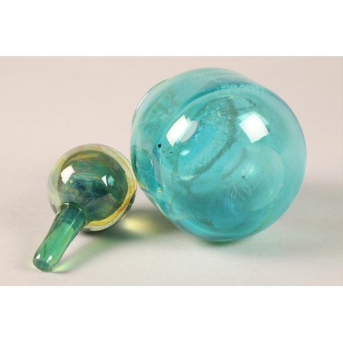 18 - Mdina glass blue and green bottle with stopper, etched Mdina to base, 16 cm high