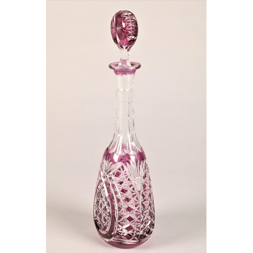 23 - Bohemian cut glass ruby decanter with glass, 30 cm high