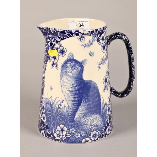 34 - Heron Cross Pottery 'Endearing Innocence' blue and white cat pattern jug (22cm h)