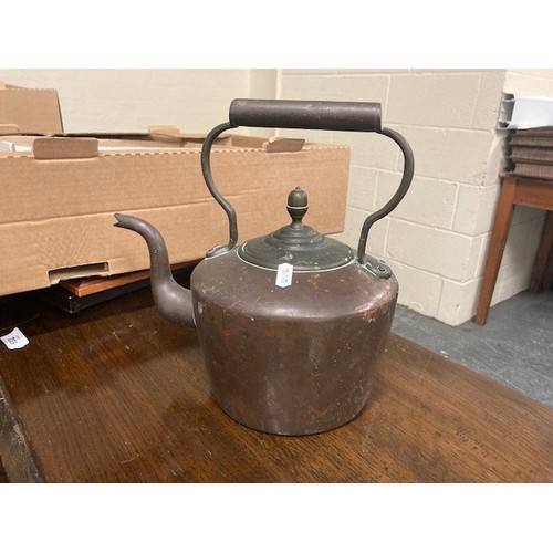 13 - Slater style kitchen scales and weights, a copper kettle and a brass watering jug. (3)