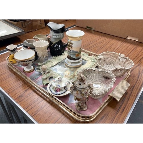 34 - Two Belleek basket weave dishes, 19th century spill vase, Continental mirror, character jugs etc.