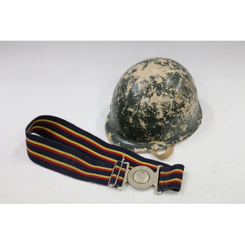 767 - 20th century 'turtle shell' shaped helmet with leather and woven liner, and a Royal Electrical and M... 