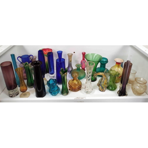 104 - Collection of coloured glass to include vases, etc.