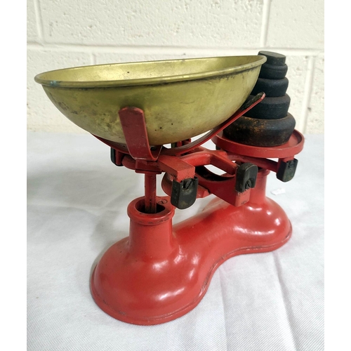 13 - Slater style kitchen scales and weights, a copper kettle and a brass watering jug. (3)