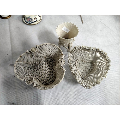 34 - Two Belleek basket weave dishes, 19th century spill vase, Continental mirror, character jugs etc.