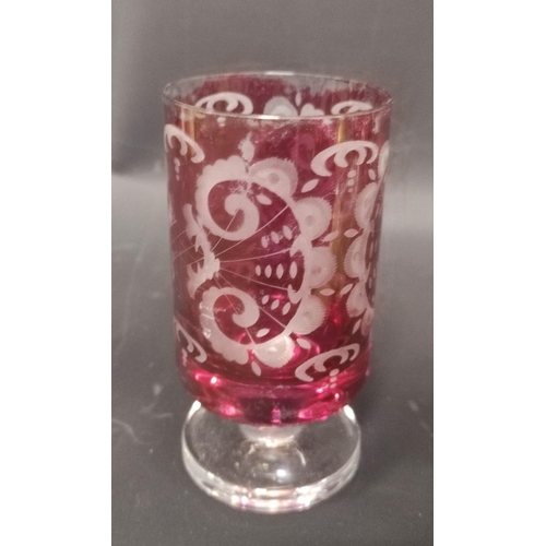 4 - Cranberry glass jug, Mary Gregory style tumblers, similar vases and other cranberry glass.