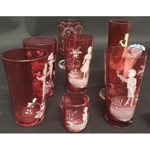 4 - Cranberry glass jug, Mary Gregory style tumblers, similar vases and other cranberry glass.