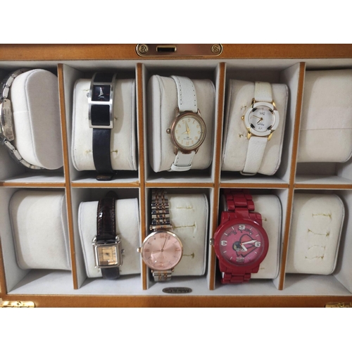 57 - Collection of lady's fashion watches and a boxed coffee set.