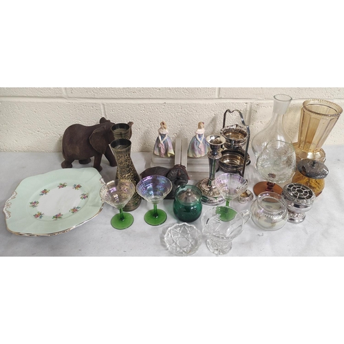 62 - Pair of figure bookends, model elephant, ep sugar and cream, glassware etc.