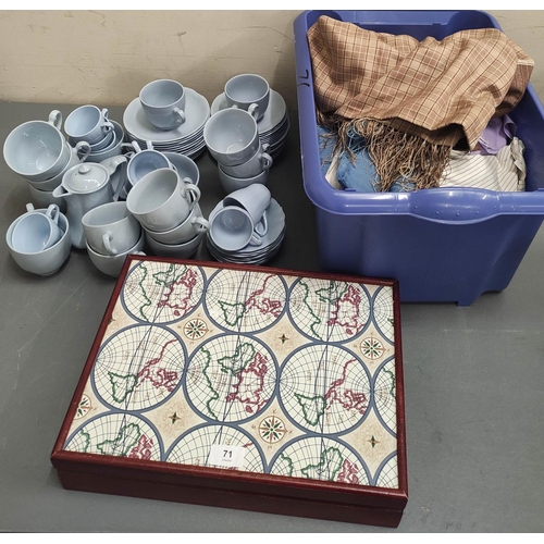 71 - Blue glazed tea and coffee ware, various cutlery and sundry textiles etc.