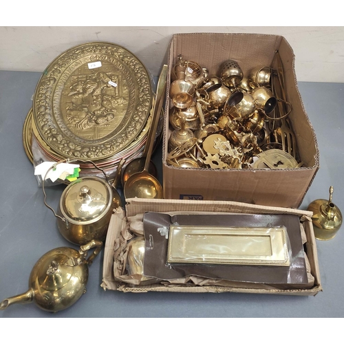 72 - Box of modern brass ware to include ladles, collection of brass wall plaques etc.