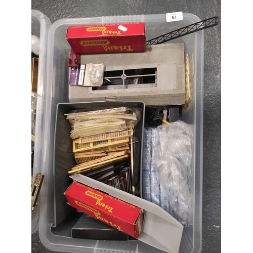 79 - Two boxes of model railway buildings and components to include three turntables etc. (2)