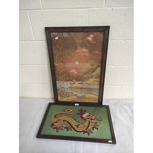 89 - Chinese dragon tapestry picture, 30cm x 56cm, also a framed silk painted panel of a moonlight river.... 