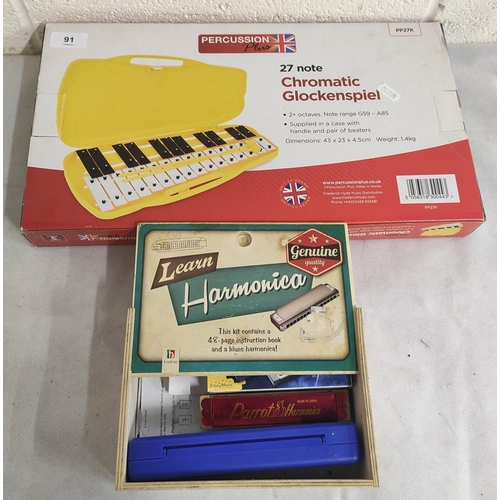 91 - Modern boxed glockenspiel, a Big Valley Harmonica and another.