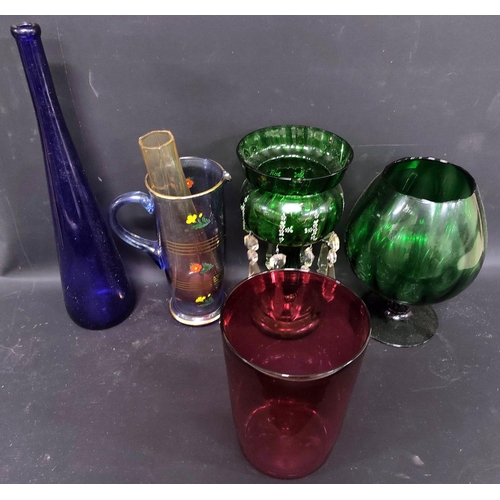 93 - Green glass lustre with drops, four pieces of art glass and a patterned jug. (6)