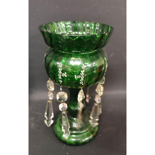 93 - Green glass lustre with drops, four pieces of art glass and a patterned jug. (6)