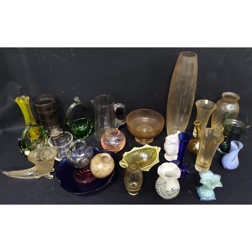 94 - Collection of coloured and other glassware to include Caithness vase, milk glass dish, posy baskets,... 