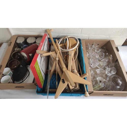 450 - Box of kitchenalia including storage canisters, kettle, cups, various craft frames for wool work and... 