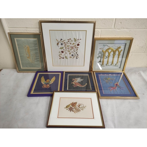 451 - Large collection of bead work and tapestry pictures, also five needle works.