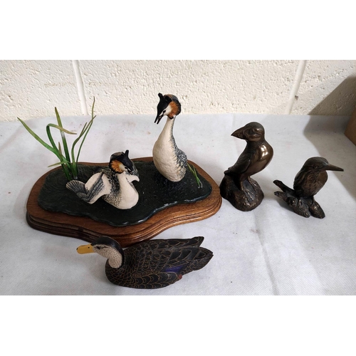 453 - Bronzed puffin figure, a bronzed figure of a kingfisher and a Heritage model of a duck.  (3)