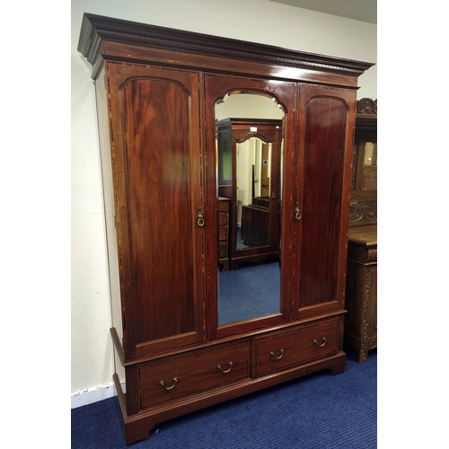 513 - Edwardian mahogany inlaid wardrobe fitted with two drawers to base.