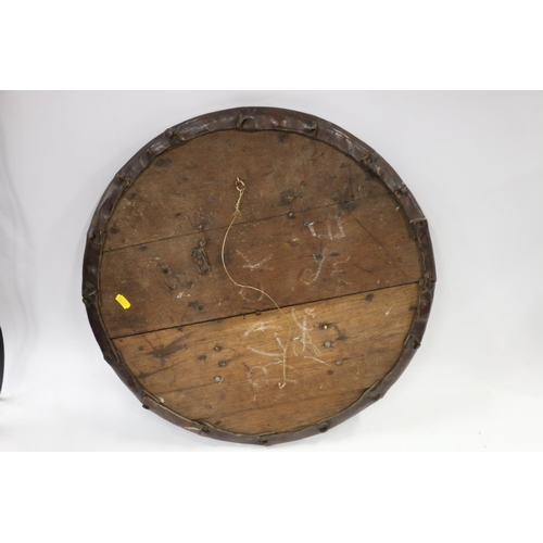 747 - Scottish Highland type targe shield with triquetra and continuous knot tooled leather design and bra... 