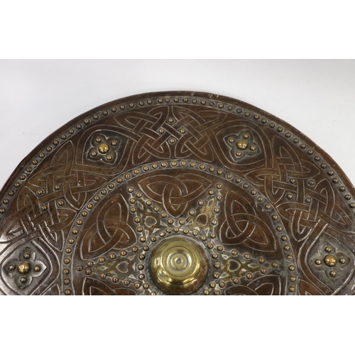 747 - Scottish Highland type targe shield with triquetra and continuous knot tooled leather design and bra... 