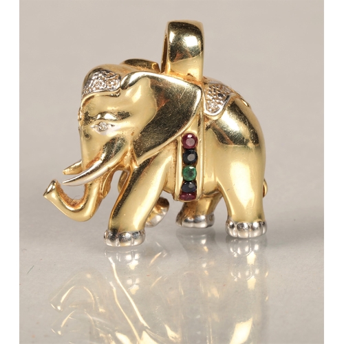 124 - 14ct gold Diamond, Ruby, Emerald & Sapphire  elephant pendant total weight 11.9g