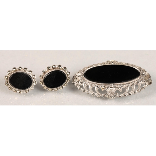 131 - Pair white metal marcasite and black stone set earrings and matching brooch