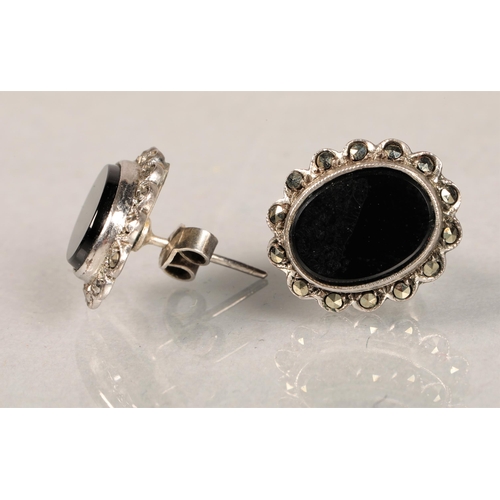 131 - Pair white metal marcasite and black stone set earrings and matching brooch