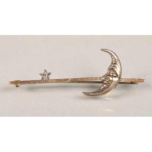 146 - White metal Diamond set moon and star design bar brooch