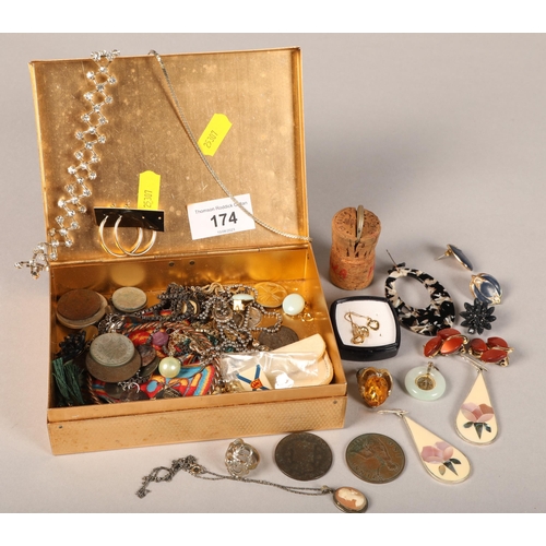 174 - Assorted coins and costume jewellery some silver