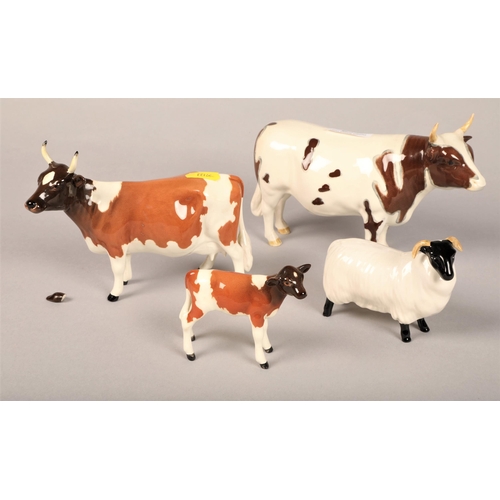 179 - Beswick bull, cow (one ear needs repair), calf, and sheep (4)