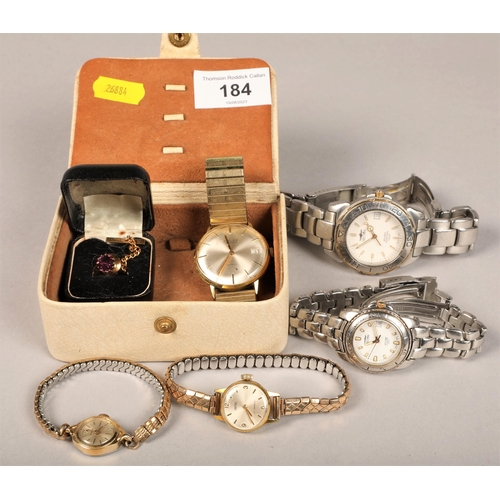 184 - Five assorted wrist watches and purple gem set pin (6)