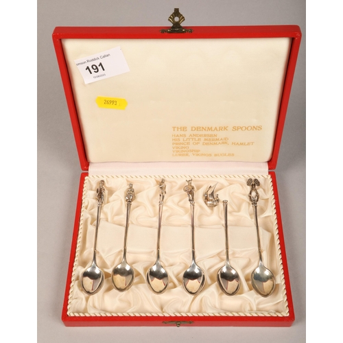 191 - 'The Denmark Spoons' cased set of six silver coffee spoons with Danish theme, viking ship detached f... 