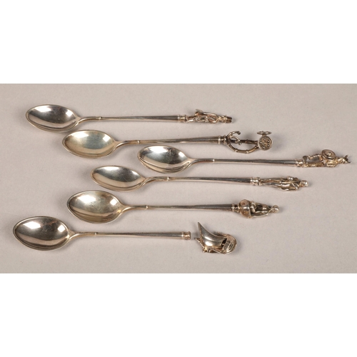 191 - 'The Denmark Spoons' cased set of six silver coffee spoons with Danish theme, viking ship detached f... 