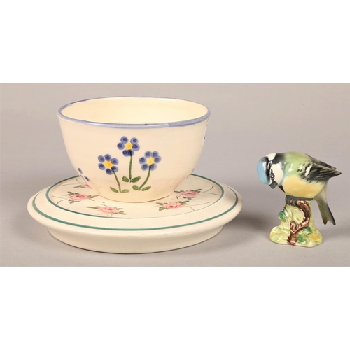 216 - Beswick blue tit, floral bowl signed CL on base, Rosslyn Ware rose painted stand (3)