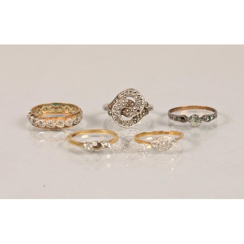 55 - Five rings: one silver marcasite set size P/Q (adjustable, missing a stone), a silver and yellow met... 