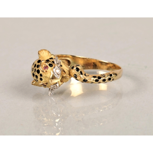 62 - Ladies Cartier style Diamond and Ruby set yellow metal ring in the shape of a panther with enameled ... 