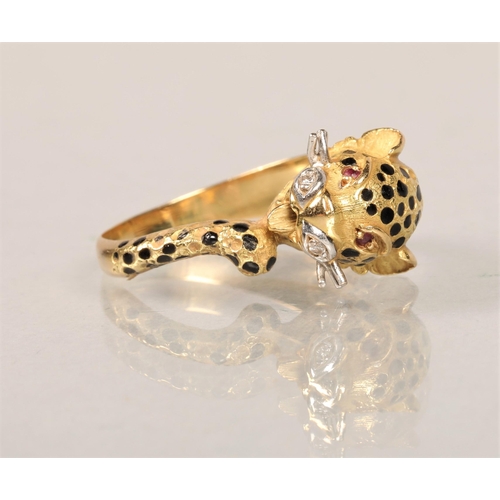 62 - Ladies Cartier style Diamond and Ruby set yellow metal ring in the shape of a panther with enameled ... 