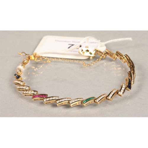 70 - Ladies 18ct yellow gold Diamond, Emerald & Ruby bracelet14 grams