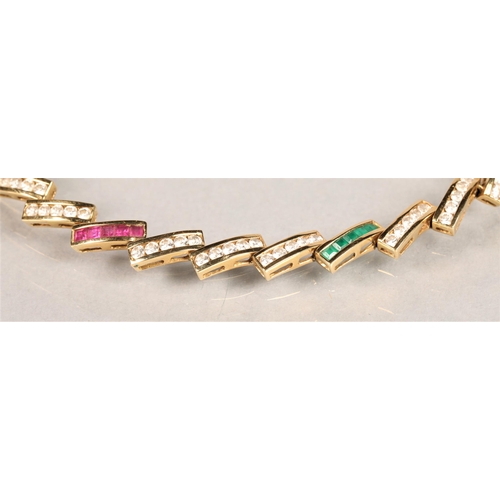 70 - Ladies 18ct yellow gold Diamond, Emerald & Ruby bracelet14 grams