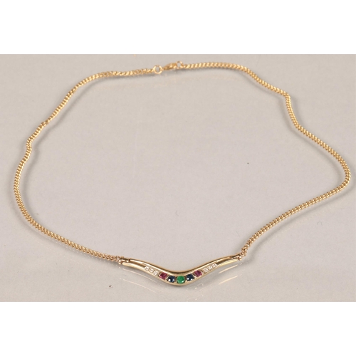 71 - Ladies 9ct gold Diamond,Emerald & Sapphire necklace , total weight 10g