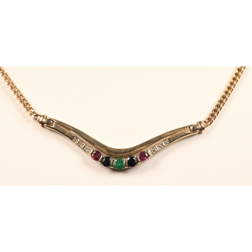 71 - Ladies 9ct gold Diamond,Emerald & Sapphire necklace , total weight 10g