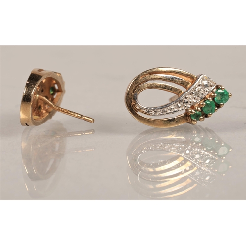 77 - Pair yellow metal green and white gem set stud earrings