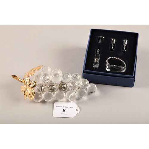 8 - Swarovski crystal bunch of grapes with golden accents, and miniature 5 piece wine set with white met... 