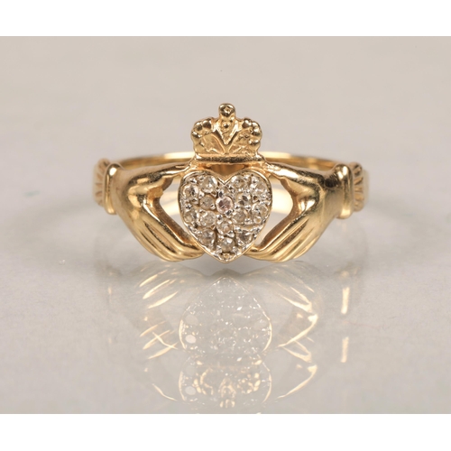 82 - 9ct gold diamond set claddagh ring size M