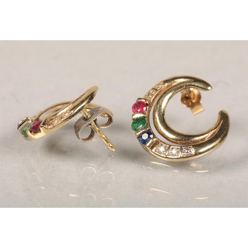 85 - Pair of ladies 9 ct gold Diamond,Emerald & Ruby earrings