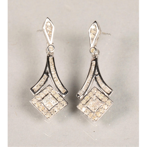 99 - Pair of 9ct white gold and diamond drop earrings